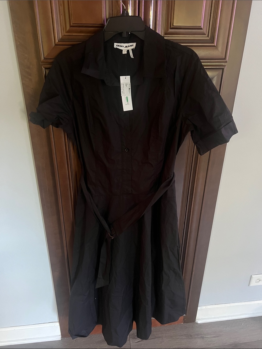 DKNY Black Midi Shirt Dress with Tie Waist